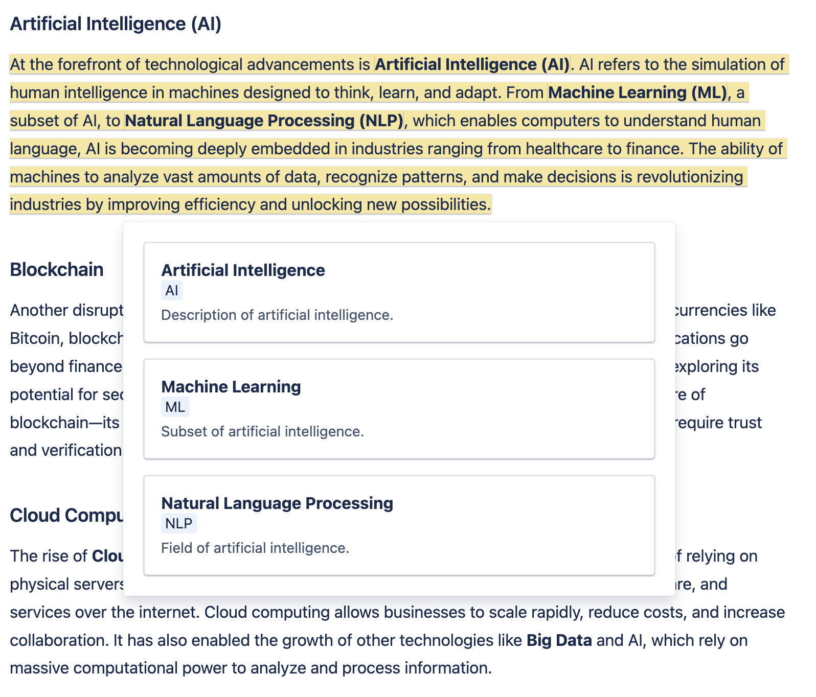 Glossary Context with terms screenshot